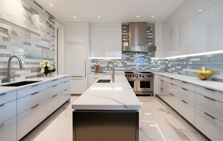 Kitchen with Marble Mosaic tiles and a glimpse of a bathroom with moisture-resistant Bedrosians tiles for wet areas